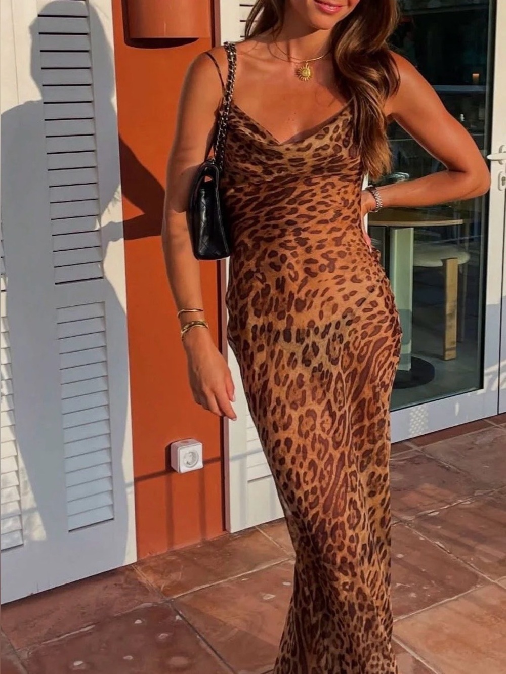 Soera Leopard Print Sheer Slip Dress in Brown